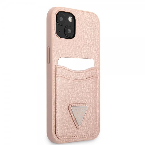 Guess iPhone 13 Mini Saffiano Double Cardslot -suojakuori, vaaleanpunainen