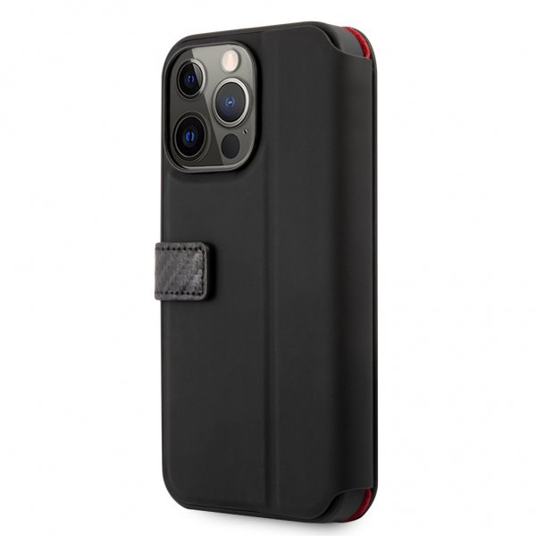 Ferrari iPhone 13 Pro Max -suojakuori, hiilikuitujäljitelmä, metallilogo, pystyraita, musta