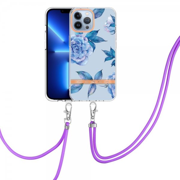 iPhone 13 Pro Max -kuoret kukkakuviolla ja hihnalla, siniset pionit