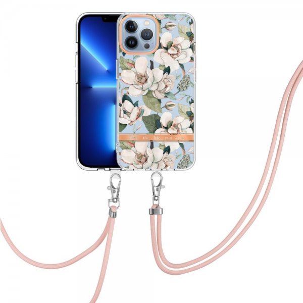 iPhone 13 Pro Max Kuori Kukkakuvio Hihna Vihreä Gardenia