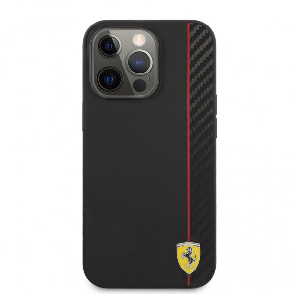Ferrari iPhone 13 Pro Max -kuori, hiilikuituinen, metallilogolla, pystyraidallinen, musta