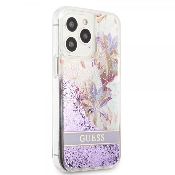 Guess iPhone 13 Pro Max -kuori Liquid Glitter Flower Pattern - violetti
