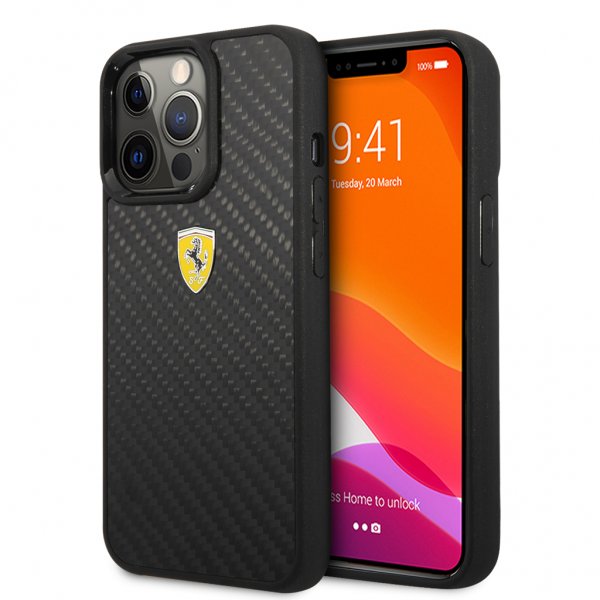 Ferrari iPhone 13 Pro Max Suojakuori Aito Hiilikuitu Metalli Logo Musta