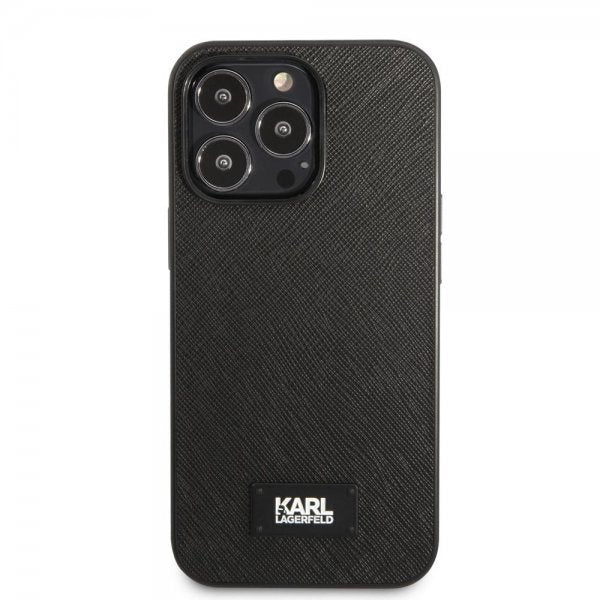 Karl Lagerfeld iPhone 13 Pro Max Saffiano Metal Plaque -suojakuori, musta