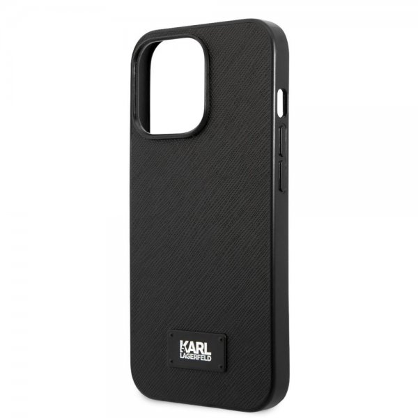 Karl Lagerfeld iPhone 13 Pro Max Saffiano Metal Plaque -suojakuori, musta