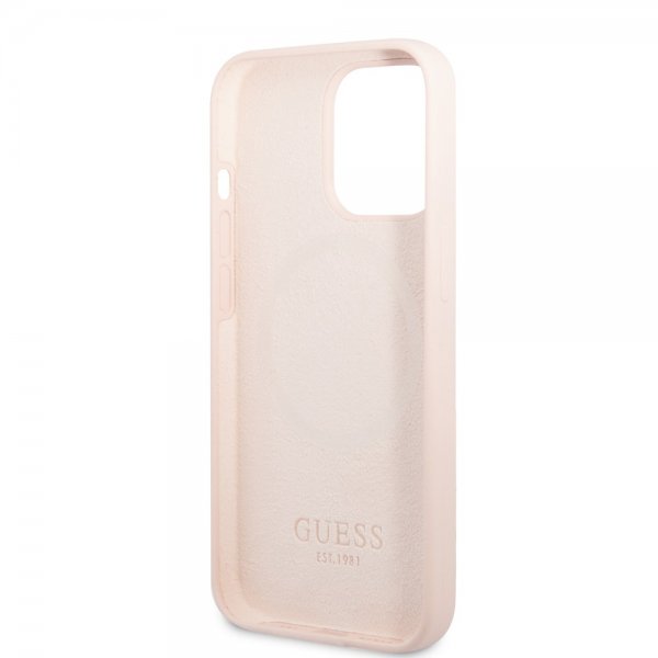 Guess iPhone 13 Pro Max kuori silikoni metallilevy MagSafe vaaleanpunainen