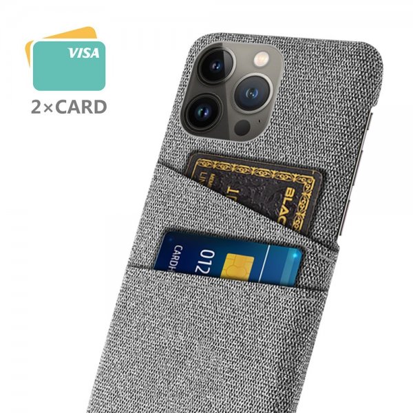 iPhone 13 Pro Max -kuori, kaksi korttipaikkaa, kangas, vaaleanharmaa