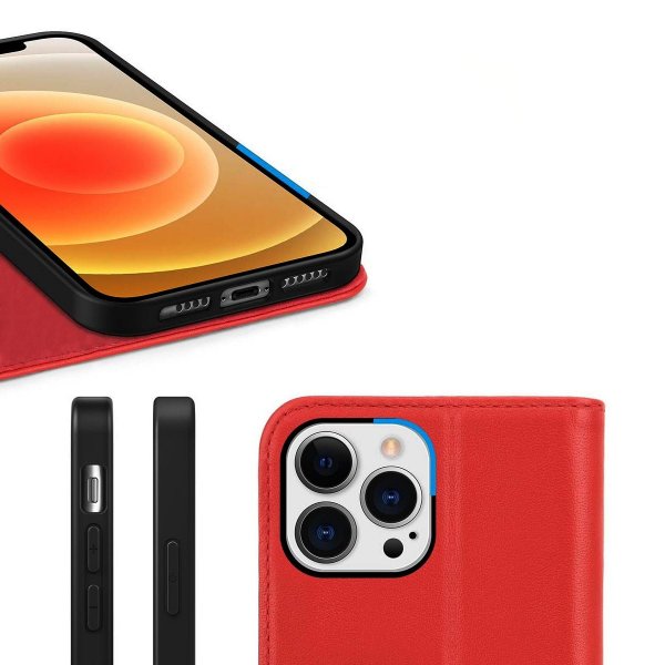 Rvelon iPhone 13 Pro -suojakuori, aitoa nahkaa, korttipaikka, punainen