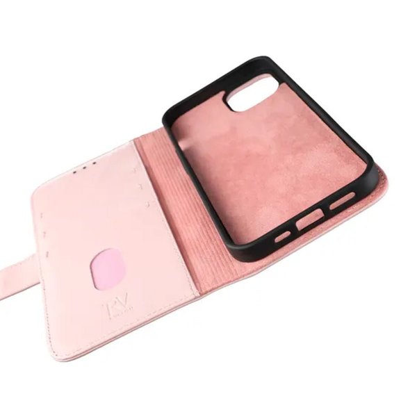 Rvelon iPhone 13 Pro -kotelo, aitoa nahkaa, korttipaikka, vaaleanpunainen
