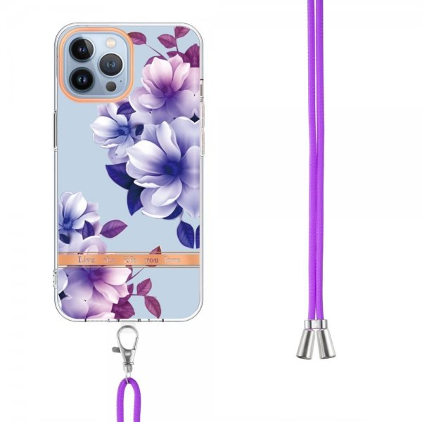 iPhone 13 Pro Kuoret Kukkakuvio Hihnalla Liila Begonia