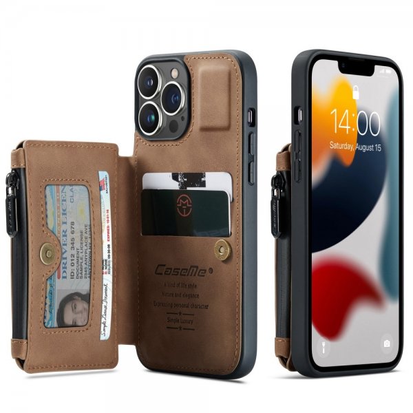 CaseMe iPhone 13 Pro Suojakuori C20 Korttipaikka Vetoketju Ruskea