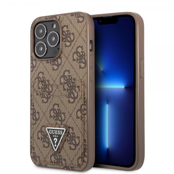 Guess iPhone 13 Pro Suojakuori Double Cardslot Metal Triangle Ruskea