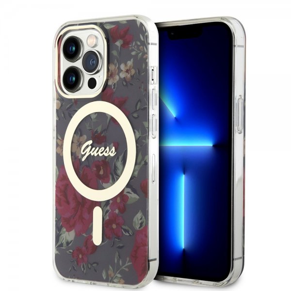 Guess iPhone 13 Pro -suojakuori Flower MagSafe Khaki