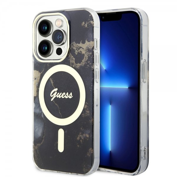 Guess iPhone 13 Pro -suojakuori Golden Marble MagSafe, musta