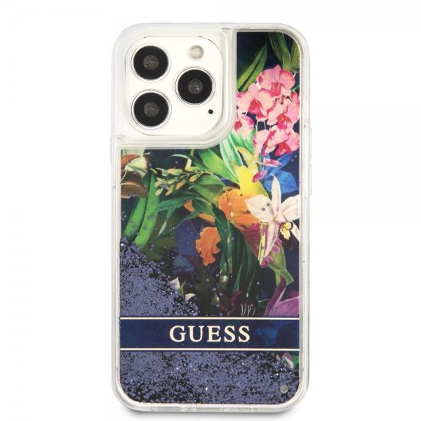Guess iPhone 13 Pro -kuori, Liquid Glitter Flower Pattern, sininen