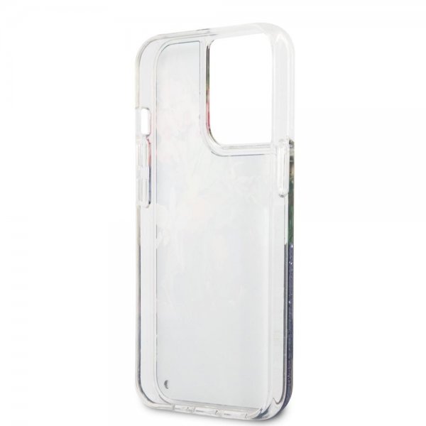 Guess iPhone 13 Pro -kuori, Liquid Glitter Flower Pattern, sininen