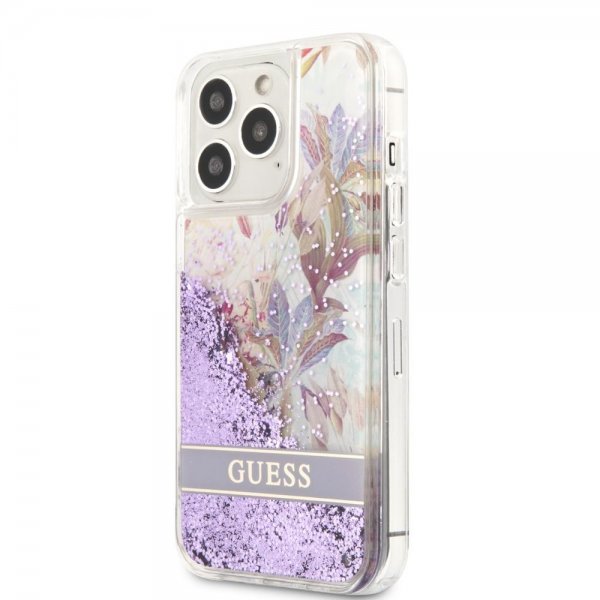 Guess iPhone 13 Pro -suojakuori Liquid Glitter Flower Pattern - violetti