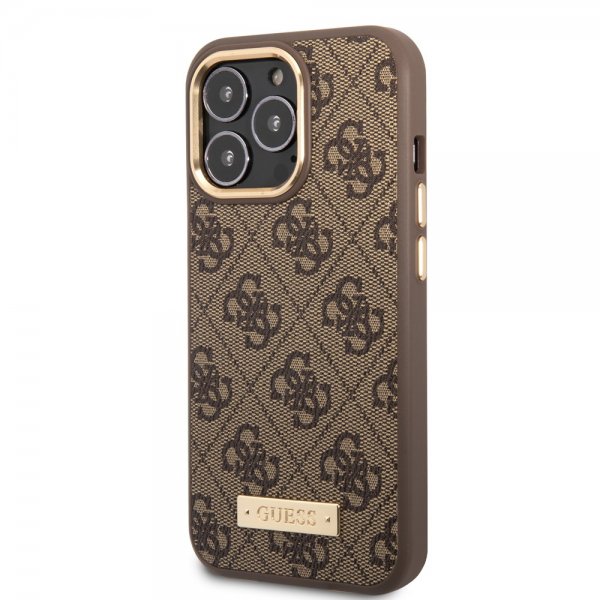 Guess iPhone 13 Pro -suojakuori, Metal Plate Logo, MagSafe, ruskea