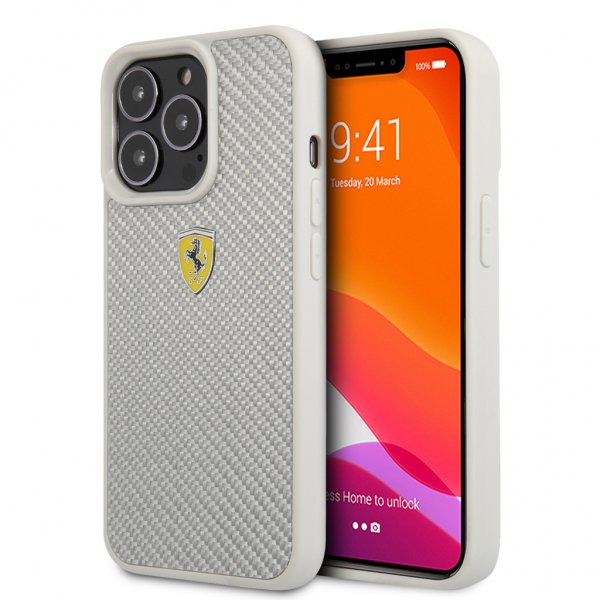 Ferrari iPhone 13 Pro -kuori, aitoa hiilikuitua, metallilogo, hopea