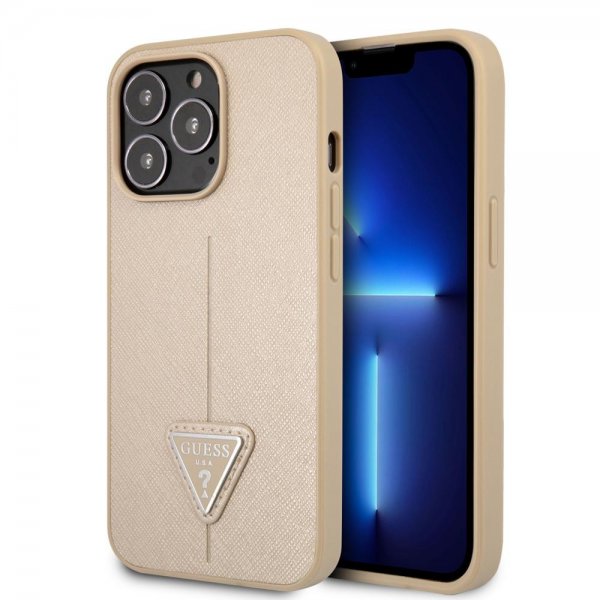Guess iPhone 13 Pro Saffiano Metal Triangle Beige -suojakuori