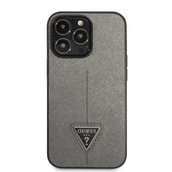 Guess iPhone 13 Pro Saffiano Metal Triangle Silver -suojakuori