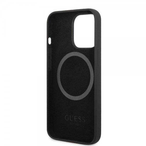 Guess iPhone 13 Pro -silikonikuori, metallilevy, MagSafe, musta