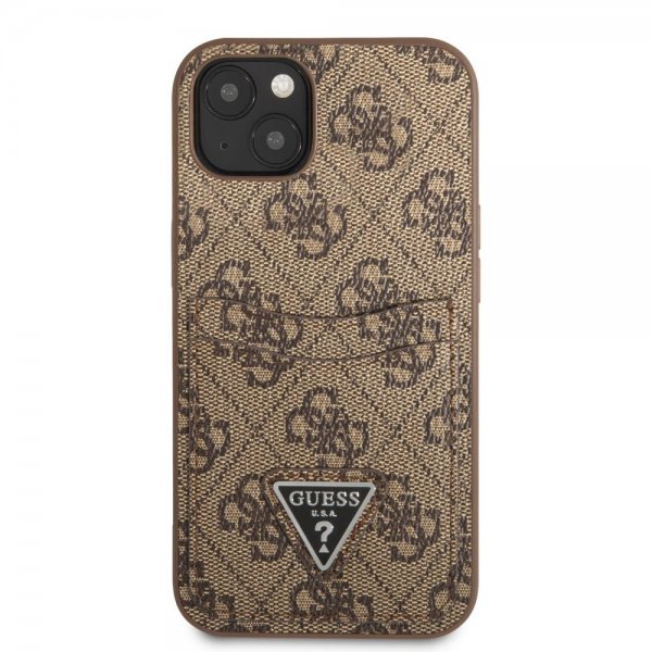 Guess iPhone 13 Kuori Double Cardslot Metal Triangle Ruskea