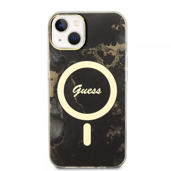 Guess iPhone 13 -suojakuori Golden Marble MagSafe, musta