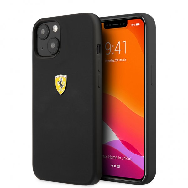 Ferrari iPhone 13 Kuori Nestemäinen Silikoni Metallilogo Musta