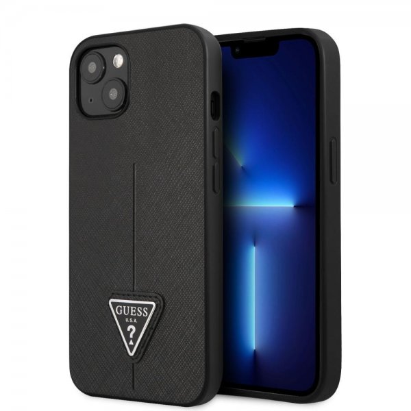 Guess iPhone 13 Suojakuori Saffiano Metal Triangle Musta