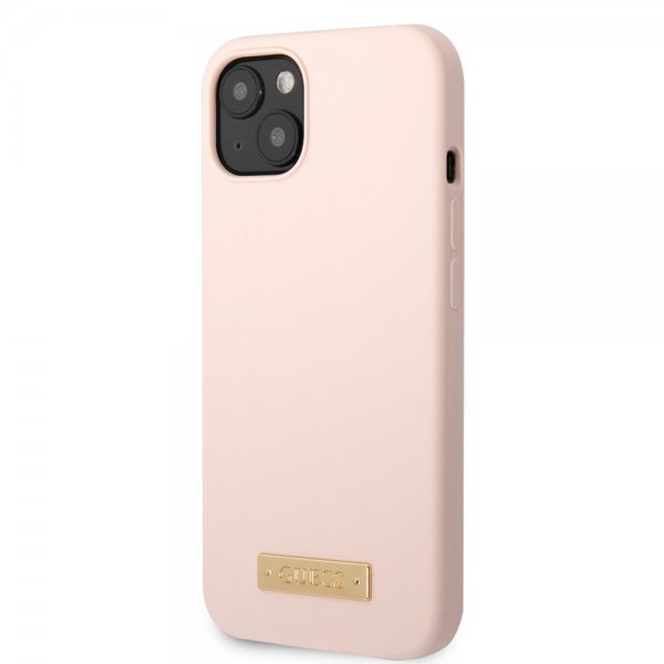 Guess iPhone 13 -kuori Silicone Metal Plate MagSafe, pinkki