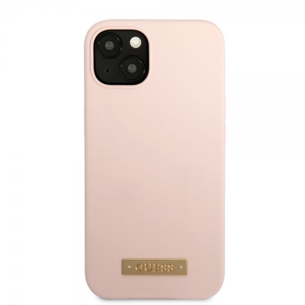 Guess iPhone 13 -kuori Silicone Metal Plate MagSafe, pinkki