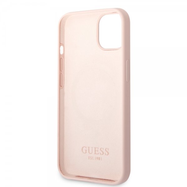Guess iPhone 13 -kuori Silicone Metal Plate MagSafe, pinkki
