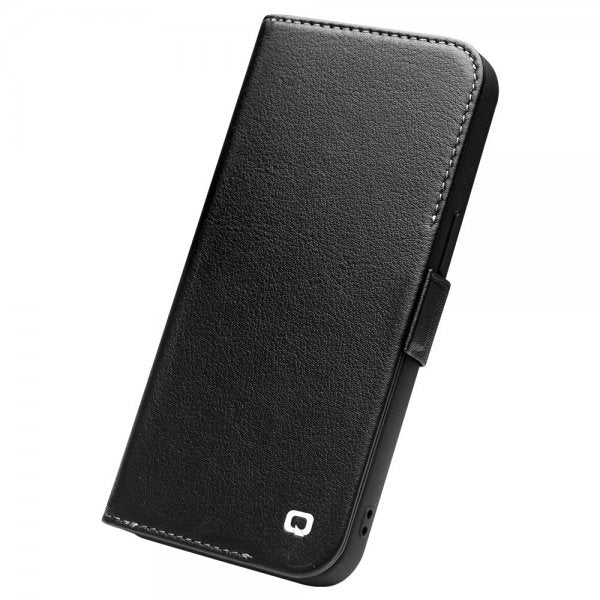 Qialino iPhone 14 Plus -kotelo, aitoa nahkaa, musta