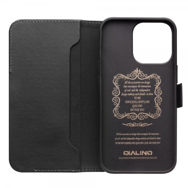 Qialino iPhone 14 Plus -kotelo, aitoa nahkaa, musta