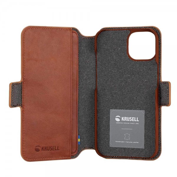 Krusell iPhone 14 Plus Kotelo Leather PhoneWallet Cognac