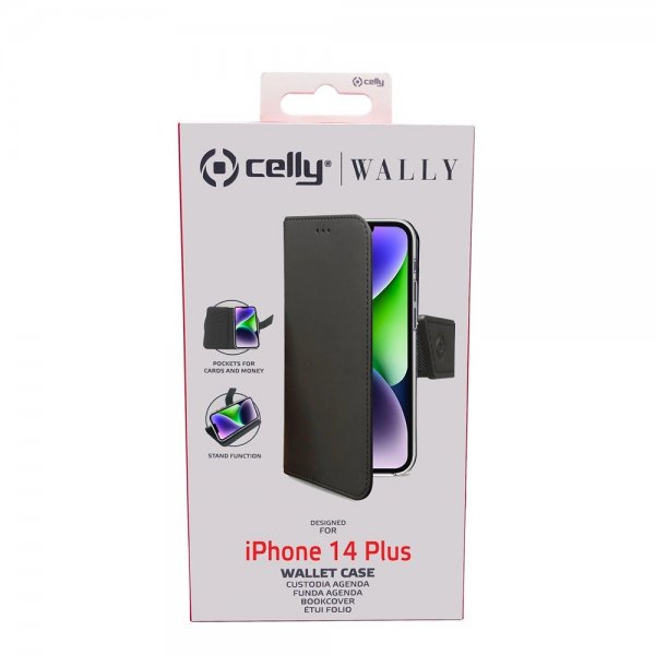 Celly iPhone 14 Plus -suojakotelo Wally Wallet Case, musta