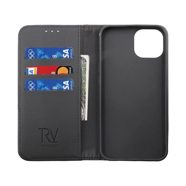 Rvelon iPhone 14 Plus -suojakotelo, ulosvedettävä korttipaikka, musta