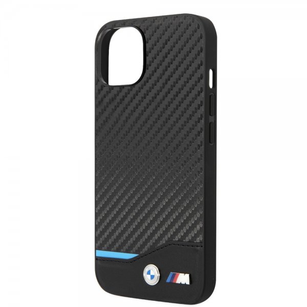 BMW iPhone 14 Plus -kuori, hiilikuitujäljitelmä, painettu logo, musta