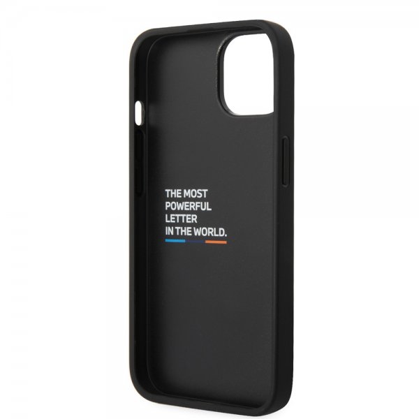 BMW iPhone 14 Plus -kuori, hiilikuitujäljitelmä, painettu logo, musta
