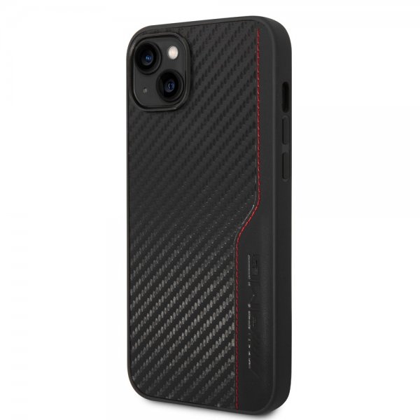 AMG iPhone 14 Plus -kuori, hiilikuitujäljitelmä, leimattu logo, musta