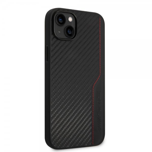 AMG iPhone 14 Plus -kuori, hiilikuitujäljitelmä, leimattu logo, musta