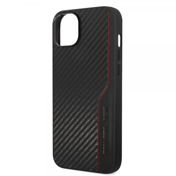 AMG iPhone 14 Plus -kuori, hiilikuitujäljitelmä, leimattu logo, musta