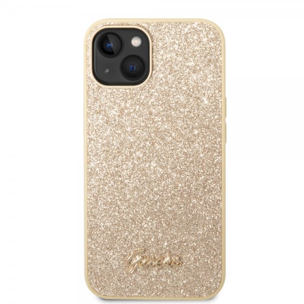Guess iPhone 14 Plus -suojakuori Glitter Flakes Metal Logo, kulta