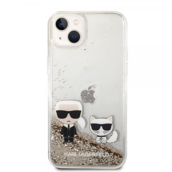 Karl Lagerfeld iPhone 14 Plus -kuori Liquid Glitter Karl & Choupette Gold