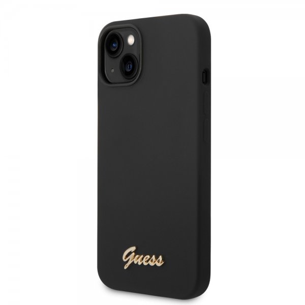 Guess iPhone 14 Plus -kuori Liquid Silicone Metal Logo, musta