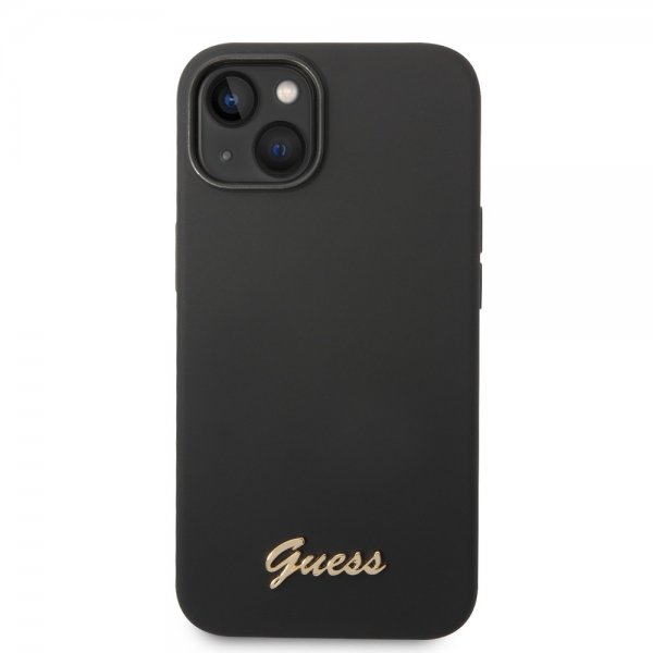 Guess iPhone 14 Plus -kuori Liquid Silicone Metal Logo, musta