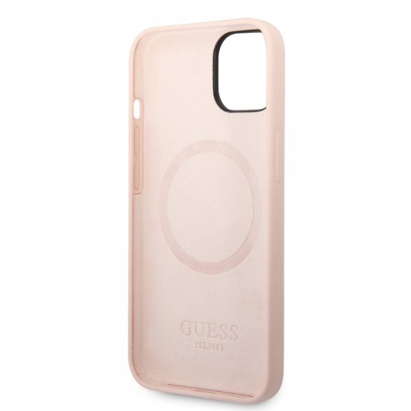 Guess iPhone 14 Plus -silikonikuori, metallilevy, MagSafe, pinkki