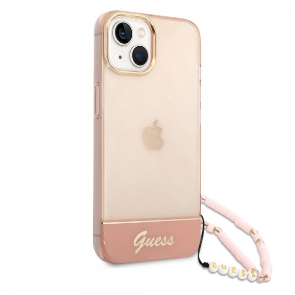 Guess iPhone 14 Plus Läpikuultava Kuori Hihnalla Ruusukulta