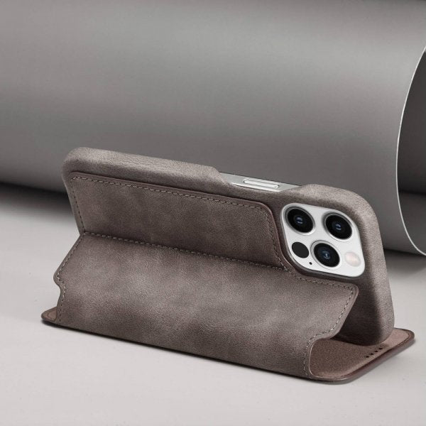 Lc.Imeeke iPhone 14 Pro Flip-suojakotelo, tummanruskea